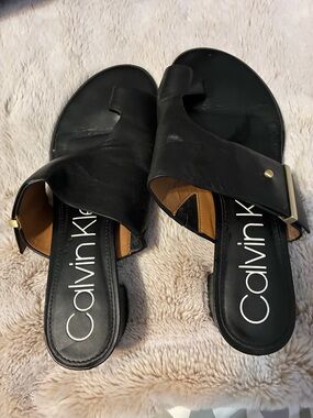 Calvin Klein Black Slide Sandals with Buckle Accent